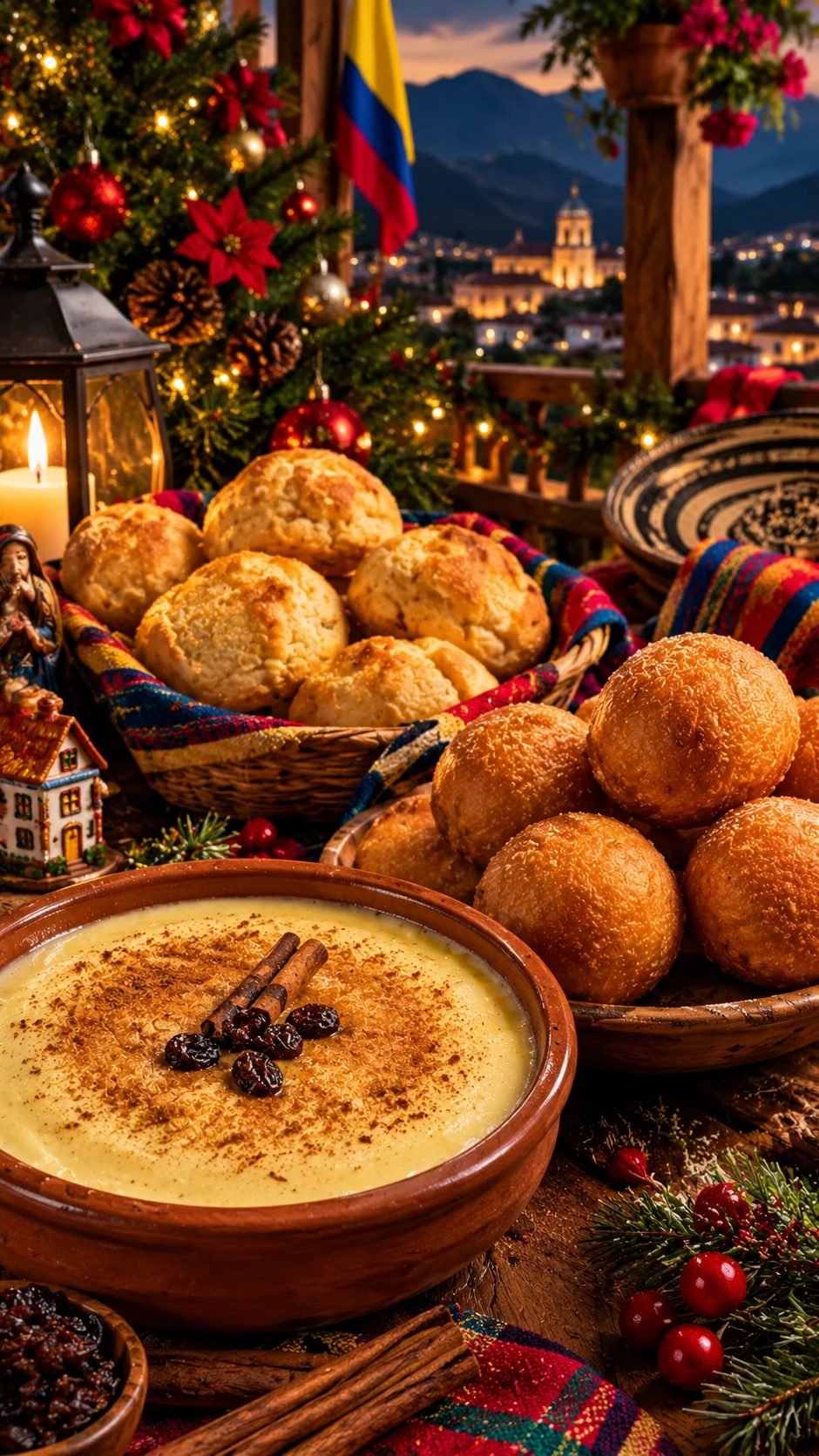 Buñuelos, natilla y pan de bono en mesa navideña